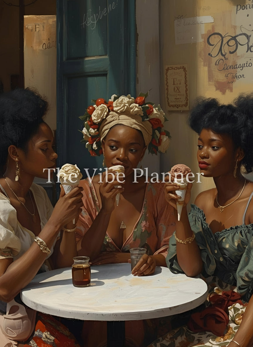 Three black women enjoying ice cream at a table as friends.
