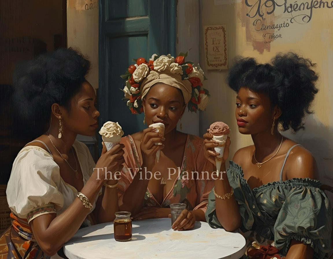 Three women enjoying ice cream at a table in a cozy setting.