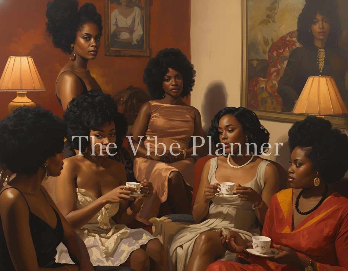 A group of black women sitting together in a meeting room, holding cups.