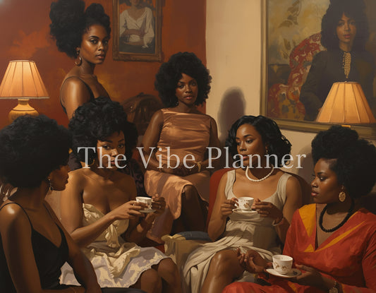 A group of black women sitting together in a meeting room, holding cups.