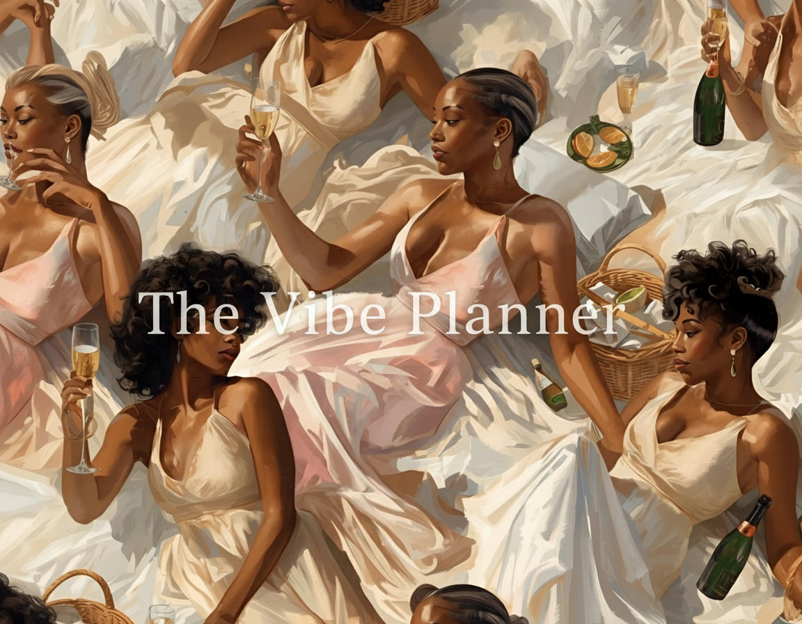 Artistic depiction of women in formal attire with champagne bottles and glasses.