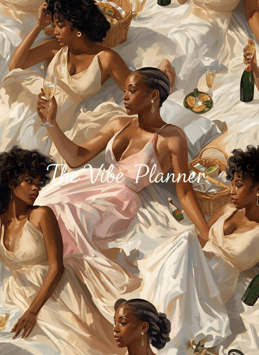 Artistic depiction of black women in elegant dresses with a picnic setup