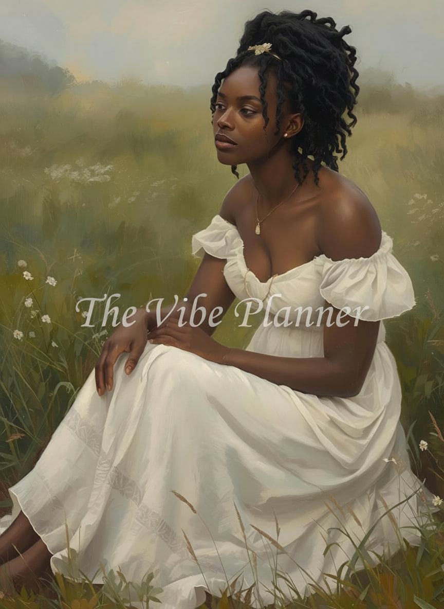 Black Woman in a white dress sitting in a field with a blurred background