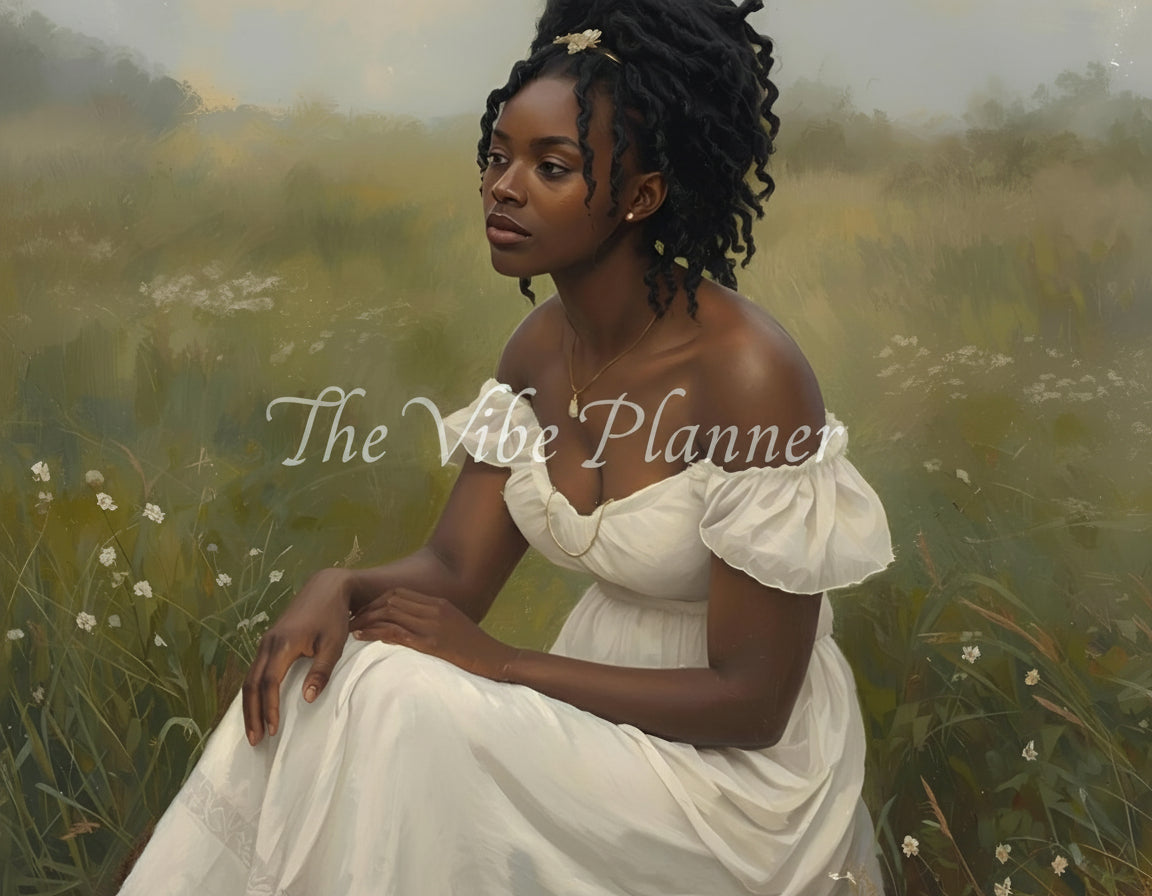 Woman in a white dress sitting in a field of wildflowers