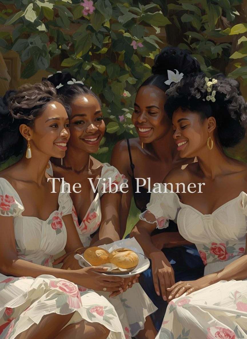 Four women in floral dresses are sitting together outdoors for a picnic with a plate of food in the park.