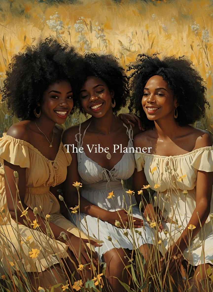 Three women sitting together in a field of wildflowers