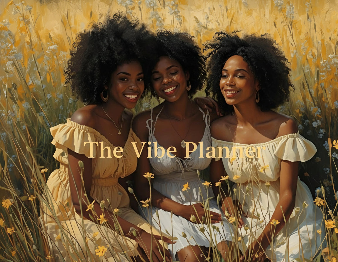 Three women with natural hair sitting together in a field of tall grass and wildflowers.