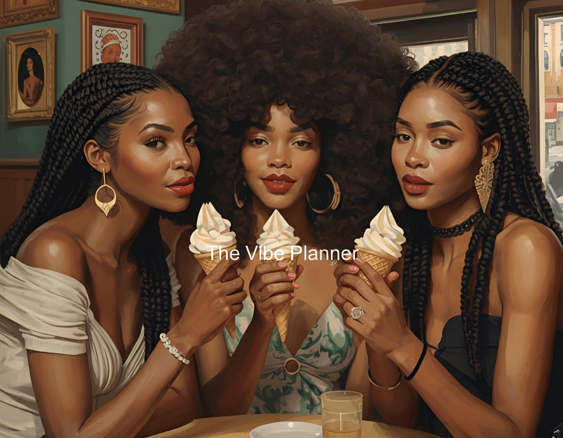 Three women enjoying ice cream cones in a cozy indoor setting.