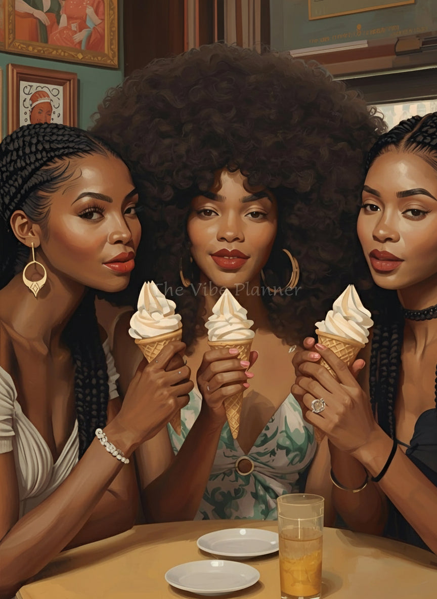 Three women enjoying ice cream at a table with a vintage-style interior.