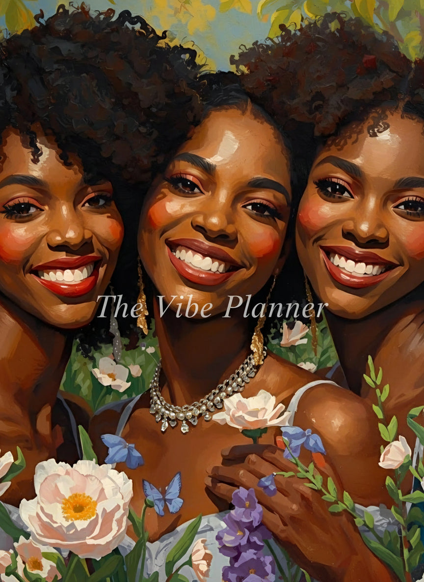 Three black women smiling women surrounded by floral elements