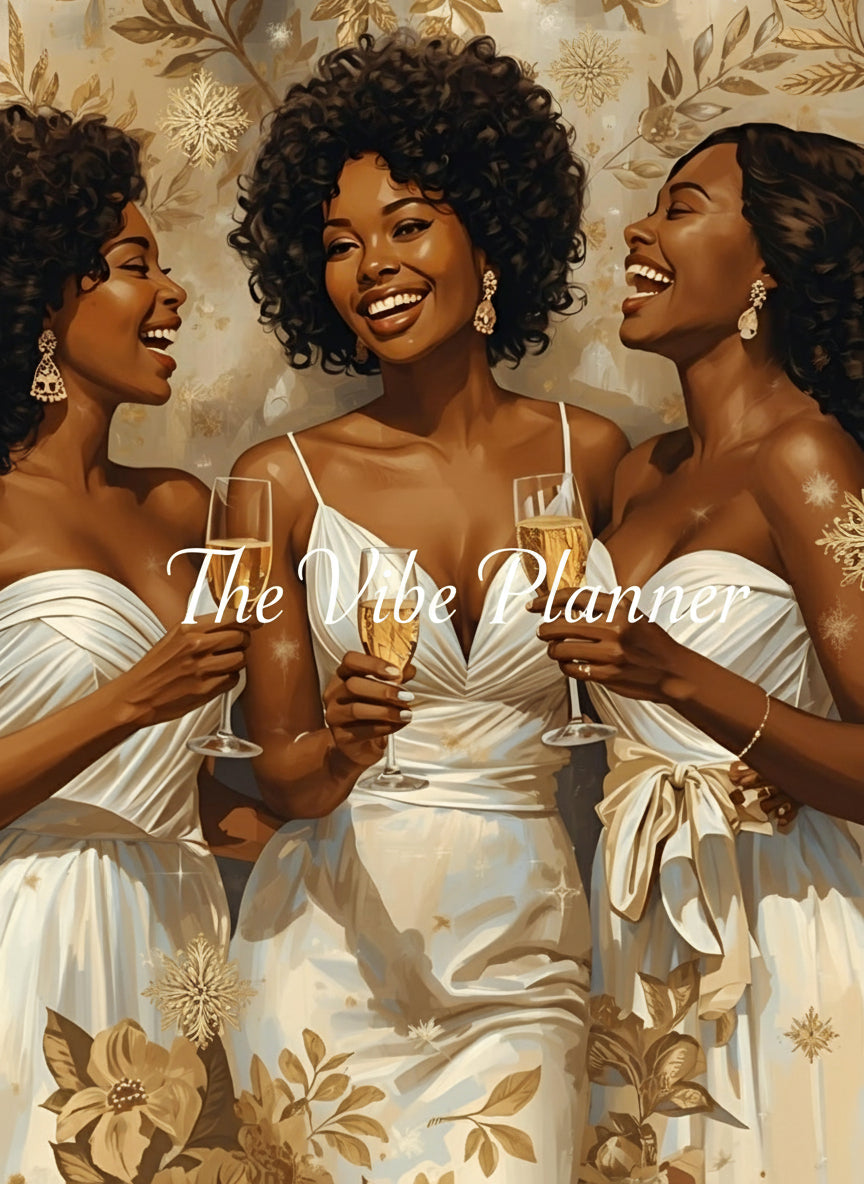 Three women in white dresses holding champagne glasses against a floral background