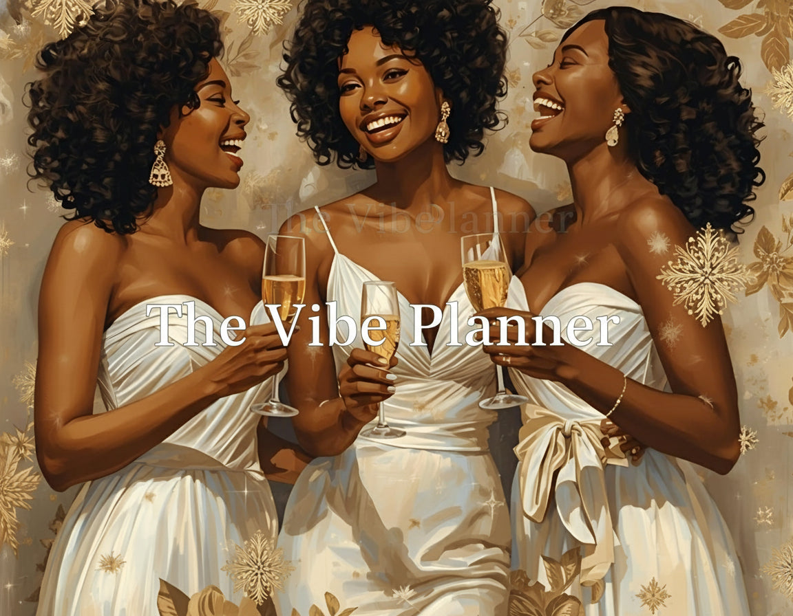 Three black women in white dresses, celebrating with champagne against a decorative background