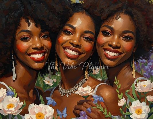 Three women with natural hairstyles surrounded by flowers and butterflies