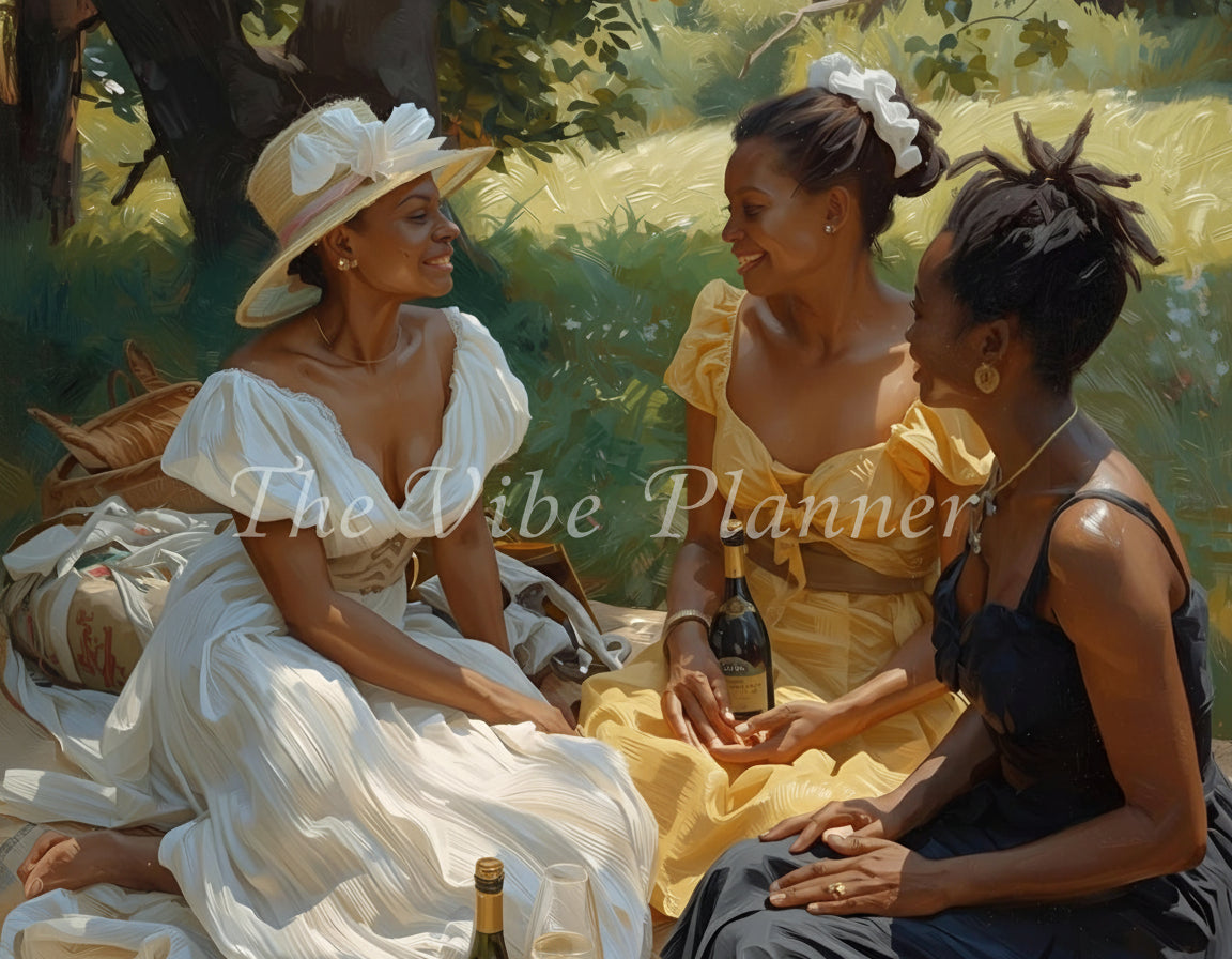 Three women sitting outdoors, engaged in conversation, with bottles on a blanket.